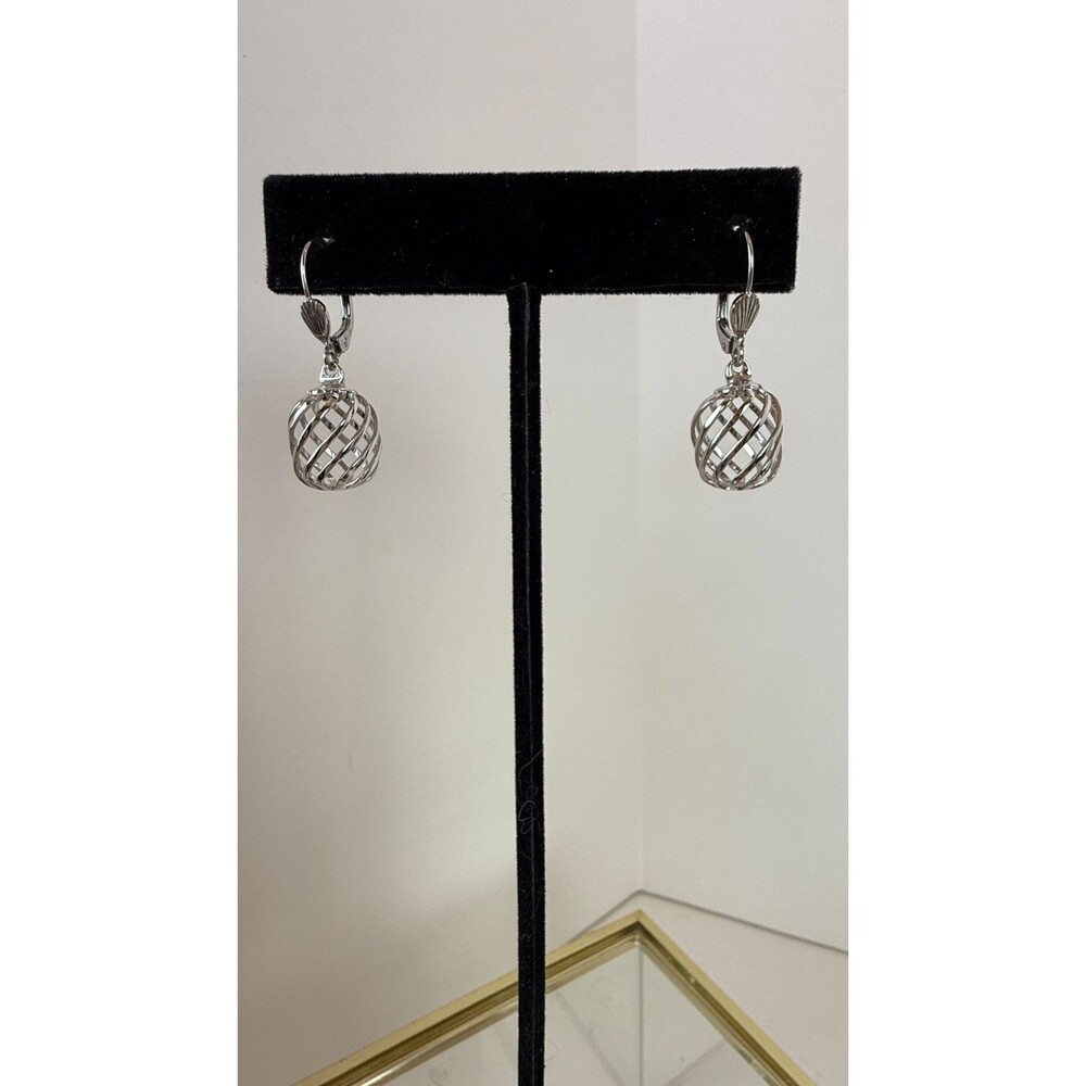 Vintage West Germany Silver Tone Lattice Cage Ball Leverback Earrings